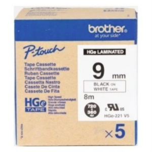 Brother P-Touch HGe-221V5 9 mm Siyah/Beyaz Yüksek Performanslı Laminasyonlu Etiket Şeridi (5'li Paket)