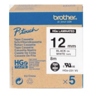 Brother P-Touch HGe-231V5 12 mm Siyah/Beyaz Yüksek Performanslı Laminasyonlu Etiket Şeridi (5'li Paket)